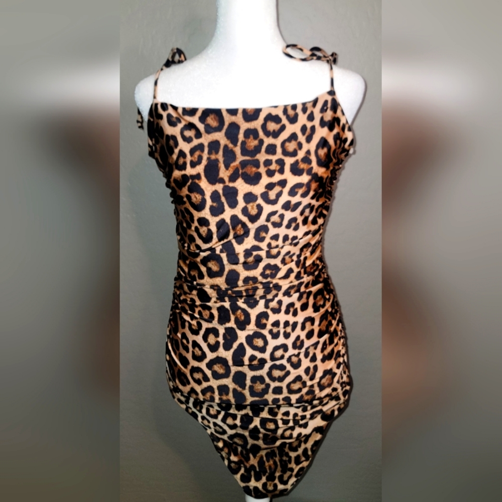  Good American Dress Ruched slip minidress leopard size S